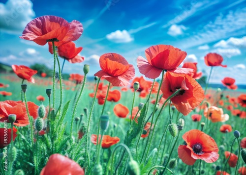 Vibrant red poppy flowers sway gently in the breeze, carpeting a picturesque summer landscape with a sea of delicate, papery petals under a bright blue sky.