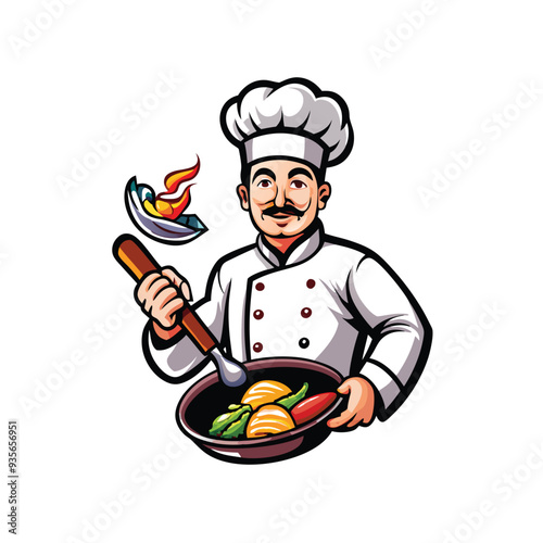 Cartoon chef cooking food in a kitchen.