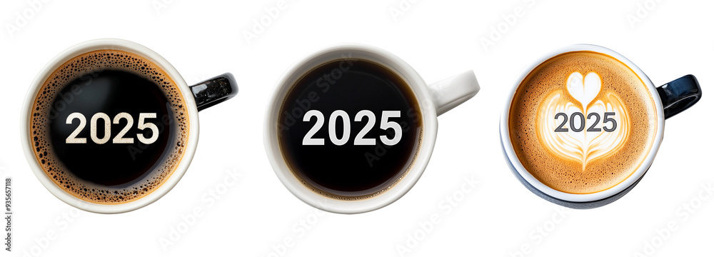 Fototapeta premium set of Coffee cups seen from above with the number 2025 inside the coffee against transparent or white background