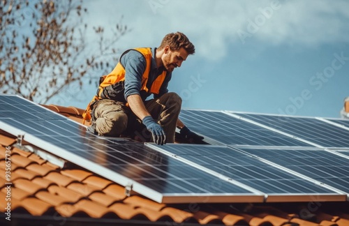 A man in workwear is working on a roof with solar panels