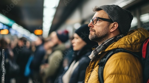 People are lined up to purchase train tickets in a bustling city station, eager to start their day during the morning rush