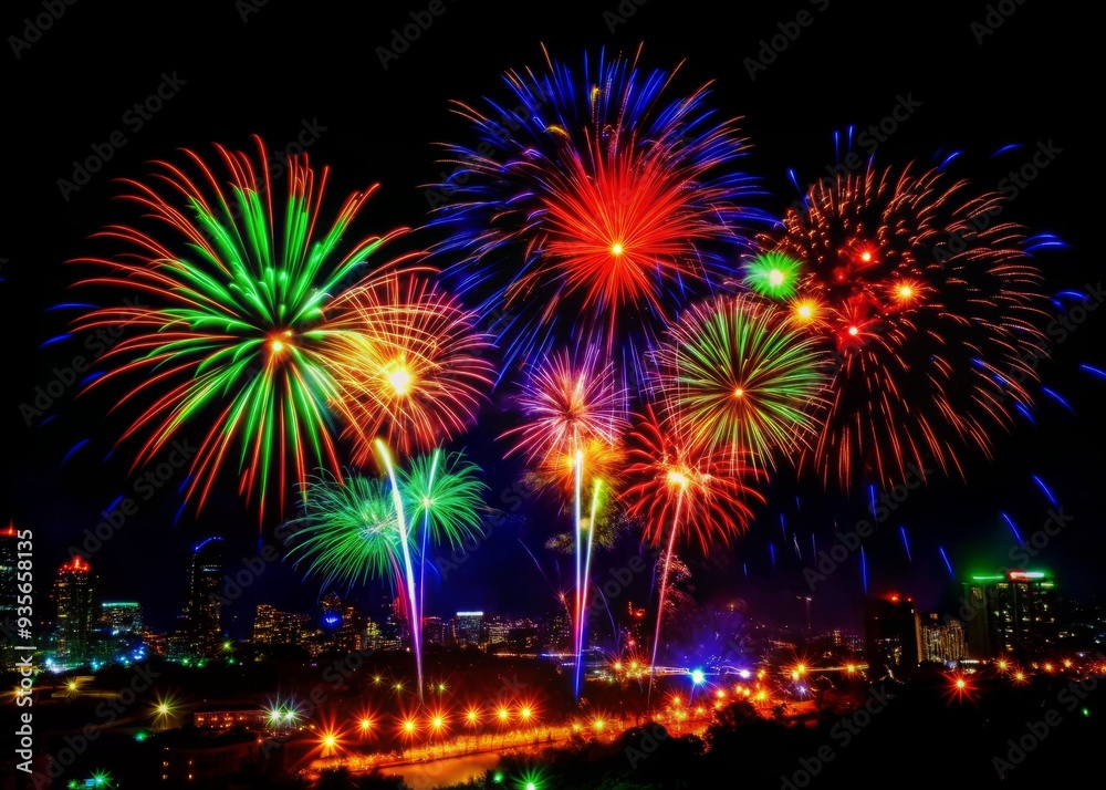 Vibrant fireworks explode across the dark night sky, casting a kaleidoscope of colorful lights over a sprawling cityscape, creating a mesmerizing holiday atmosphere. Vibrant fireworks explode across the dark night sky, casting a kaleidoscope of colorful lights over a sprawling cityscape, creating a mesmerizing holiday atmosphere.