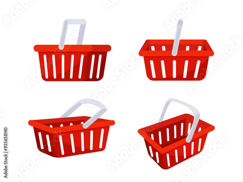 Red shopping baskets displayed from various angles for retail use, ideal for supermarkets or grocery stores. Vibrant color for easy identification and consumer appeal