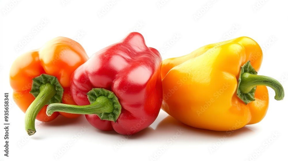 Three bell peppers, red, orange, and yellow, isolated on a white background. Three bell peppers, red, orange, and yellow, isolated on a white background.