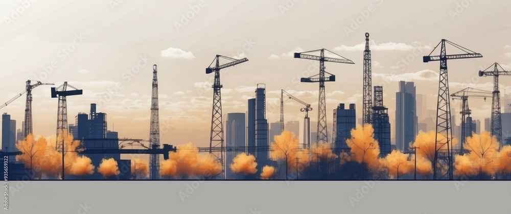 Obraz premium Construction Cranes and Cityscape at Dusk