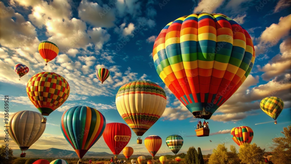 Fototapeta premium Vibrant hot air balloons in various colors soar against a brilliant blue sky dotted with soft, white, puffy clouds, creating a whimsical and serene atmosphere.