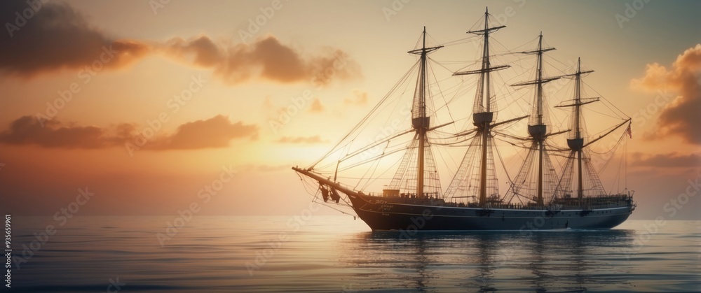 Fototapeta premium Tall Ship Sailing at Sunset on a Calm Sea