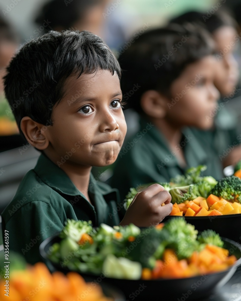 Kids in a vibrant school setting, enjoying midday meals from their lunch boxes, capturing the joy of communal eating and balanced nutrition Kids in a vibrant school setting, enjoying midday meals from their lunch boxes, capturing the joy of communal eating and balanced nutrition