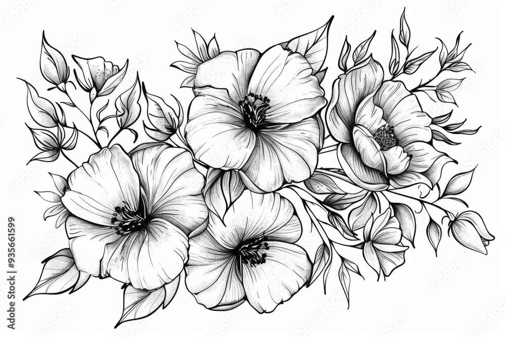 Black and white floral bouquet with hibiscus flowers and leaves. Line art illustration isolated on white background. Botanical design for greeting card, invitation, poster, and print. Generative AI