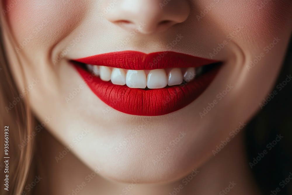 Human smiling mouth and nose. Closeup macro portrait of female part of face. Woman red lips with day beauty makeup. generative ai