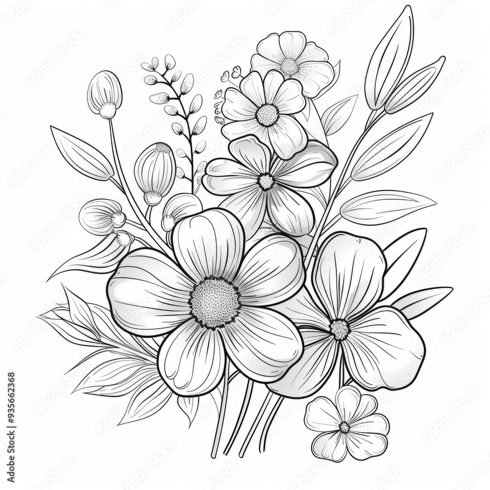 Black and white floral bouquet with various flowers, leaves, and buds. Line art illustration isolated on white background. Generative AI Black and white floral bouquet with various flowers, leaves, and buds. Line art illustration isolated on white background. Generative AI