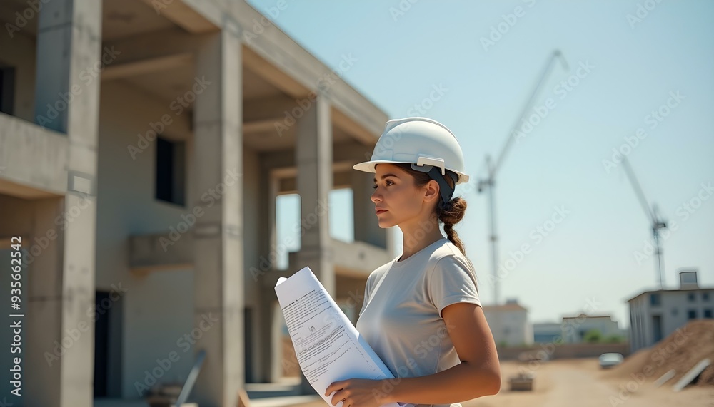 Wearing a white project helmet and holding a scroll of blueprints, A beautiful female architect looks at an unfinished building, Real Estate concept, real estate girl Wearing a white project helmet and holding a scroll of blueprints, A beautiful female architect looks at an unfinished building, Real Estate concept, real estate girl