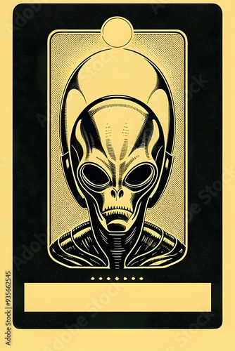 Vintage poster featuring an illustration of an alien, UFO, extraterrestrial, science fiction, sci-fi, big head, retro, space, cosmic, spaceship, galactic, starship, invasion, martian, universe photo