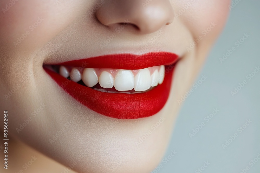 Obraz premium Human smiling mouth and nose. Closeup macro portrait of female part of face. Woman red lips with day beauty makeup. generative ai