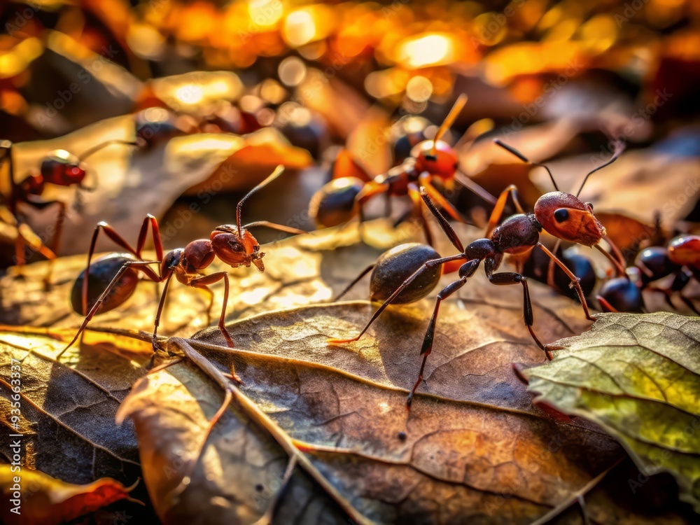 Saturated colors and stark shadows accentuate ants' industrious nature as they scurry about in a decaying leaf litter landscape Saturated colors and stark shadows accentuate ants' industrious nature as they scurry about in a decaying leaf litter landscape