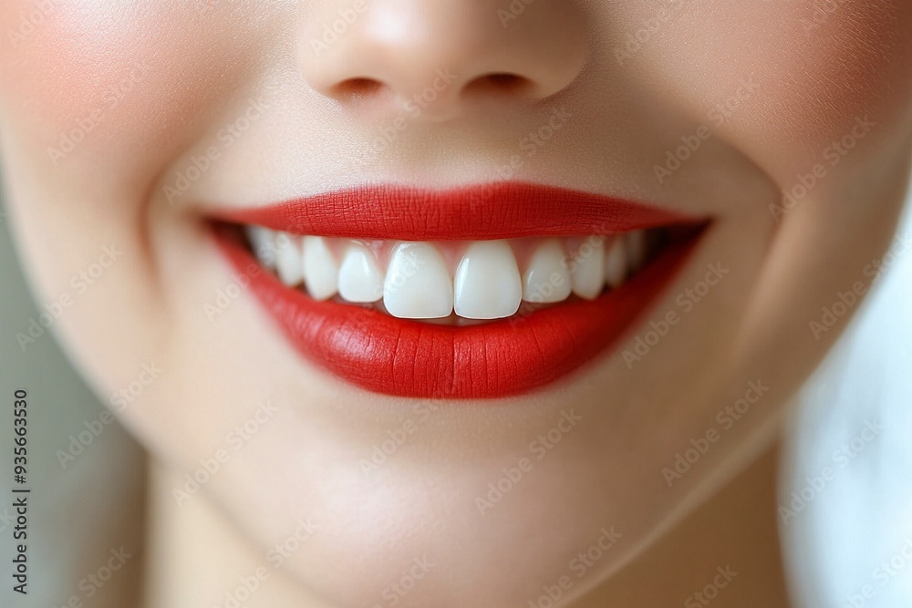 Fototapeta premium Human smiling mouth and nose. Closeup macro portrait of female part of face. Woman red lips with day beauty makeup. generative ai