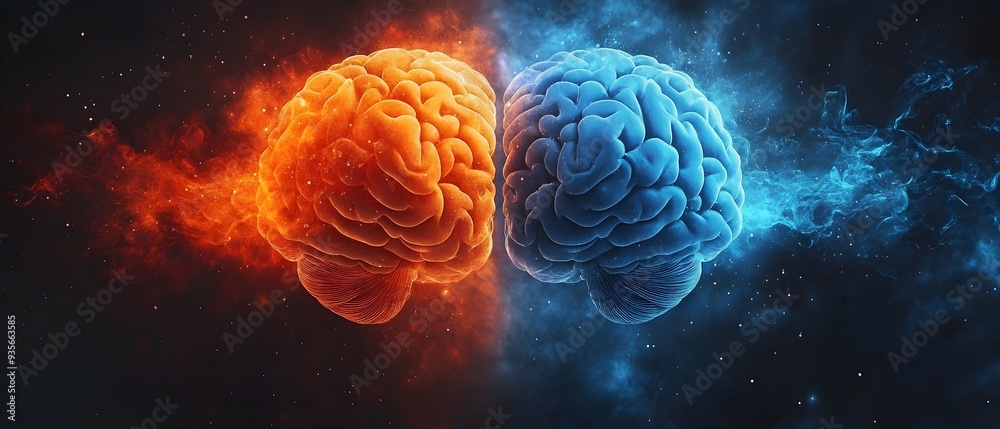 Fototapeta premium abstract brain shapes representing the rational and irrational thinking of two individuals, cognitive psychology and mental health, conceptual art, human behavior and neuroscience