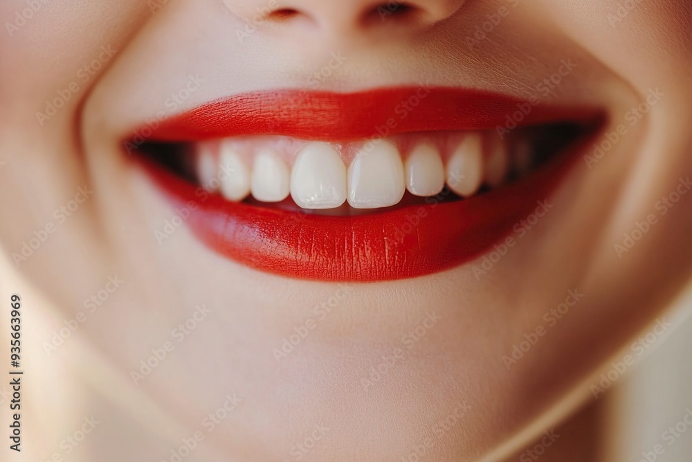 Human smiling mouth and nose. Closeup macro portrait of female part of face. Woman red lips with day beauty makeup. generative ai