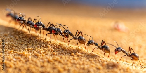 Macro close-up of ants marching in line on a sandy dune photo