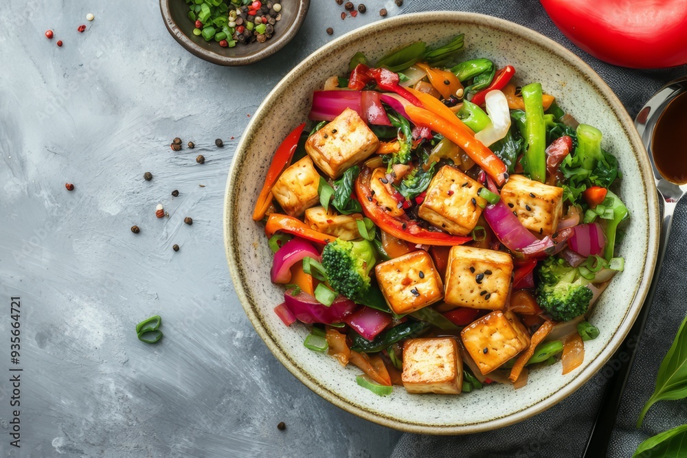 A vibrant stir-fry dish with tofu. A vibrant stir-fry dish with tofu.