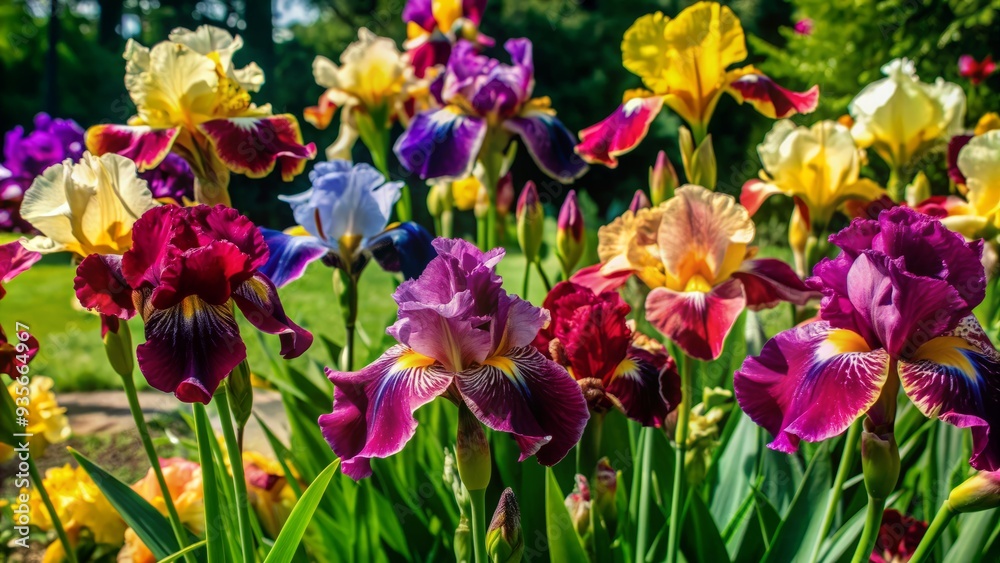 Vibrant Iris flowers in a lush garden, bursting with colorful blooms in shades of purple, blue, yellow, white, and pink, showcasing intricate patterns. Vibrant Iris flowers in a lush garden, bursting with colorful blooms in shades of purple, blue, yellow, white, and pink, showcasing intricate patterns.
