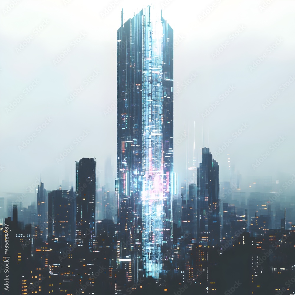 Fototapeta premium Towering Skyscraper Adorned with Shimmering Digital Projections Against Synthwave-Infused Cityscape