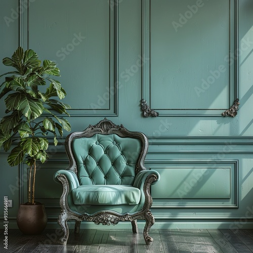 Beautiful luxury classic blue green clean interior room in classic style with green soft armchair. Vintage antique blue-green chair standing beside emerald wall. Minimalist home photo