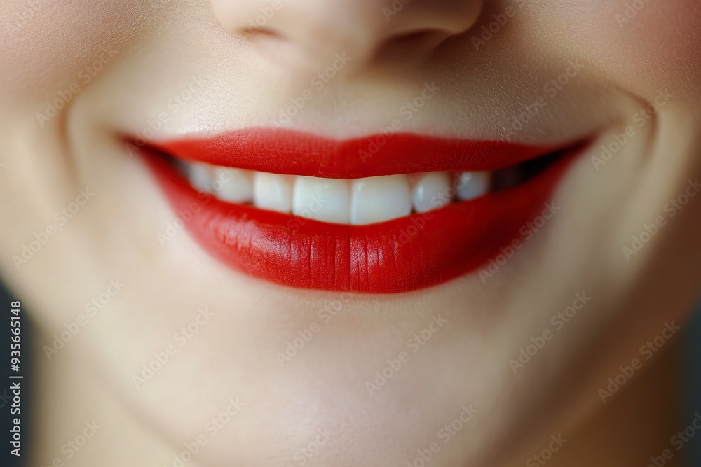 Obraz premium Human smiling mouth and nose. Closeup macro portrait of female part of face. Woman red lips with day beauty makeup. generative ai