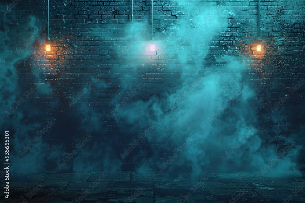 Fototapeta premium Old brick wall with neon lights. Dark empty old night street, smoke, smog. Textured brick walls