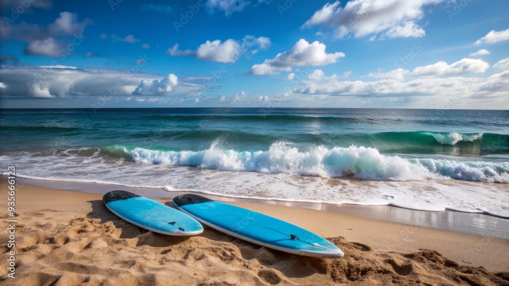 Vibrant blue ocean waves crash against the shore as two surfboards lie on the sandy beach, ready for the next adventure. Vibrant blue ocean waves crash against the shore as two surfboards lie on the sandy beach, ready for the next adventure.