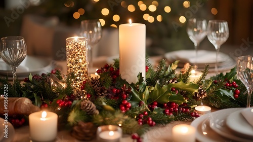 71. A romantic Christmas dinner setup with candles, holly, and a beautifully set table