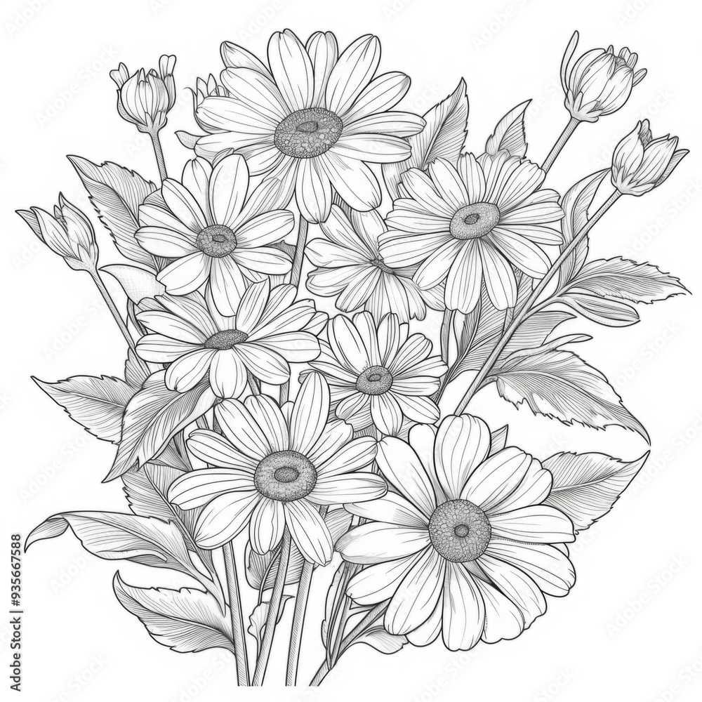 Hand-drawn bouquet of daisies with detailed leaves on a white background. Black and white floral illustration. Botanical line art for coloring book, design, and print. Generative AI Hand-drawn bouquet of daisies with detailed leaves on a white background. Black and white floral illustration. Botanical line art for coloring book, design, and print. Generative AI