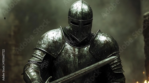Valiant Crusader Wielding Sword Stands Firm Against Dark Sorcery in Weathered Medieval Setting