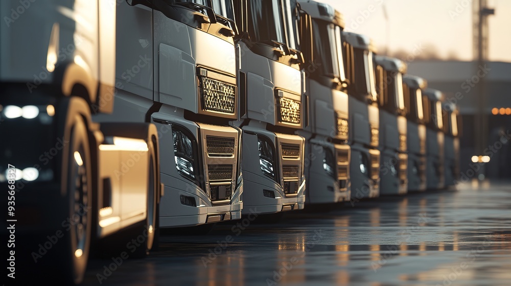 Close up fleet of trucks parked in front of warehouse to delivering factory goods. AI generated Close up fleet of trucks parked in front of warehouse to delivering factory goods. AI generated