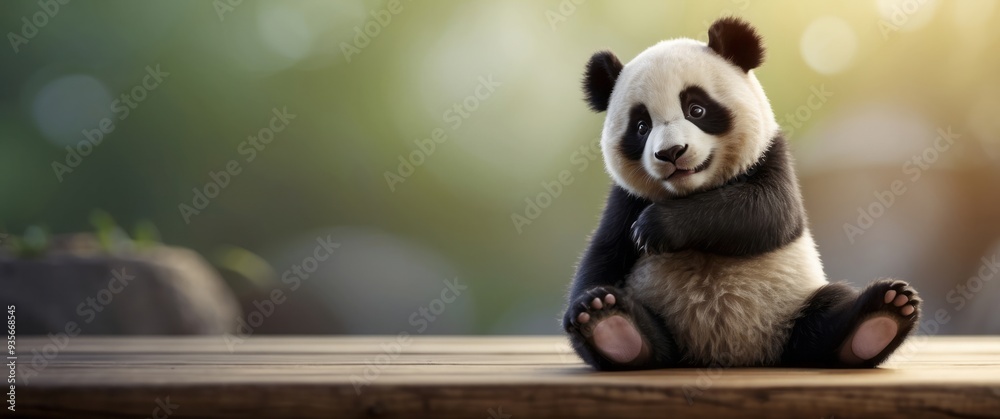 Fototapeta premium Adorable Panda Cub Sitting on Wooden Surface with Blurred Green Background