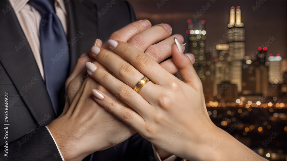 Fototapeta premium Close-Up of Couple's Hands Intertwined with Matching Rings, Blurred City Skyline at Twilight