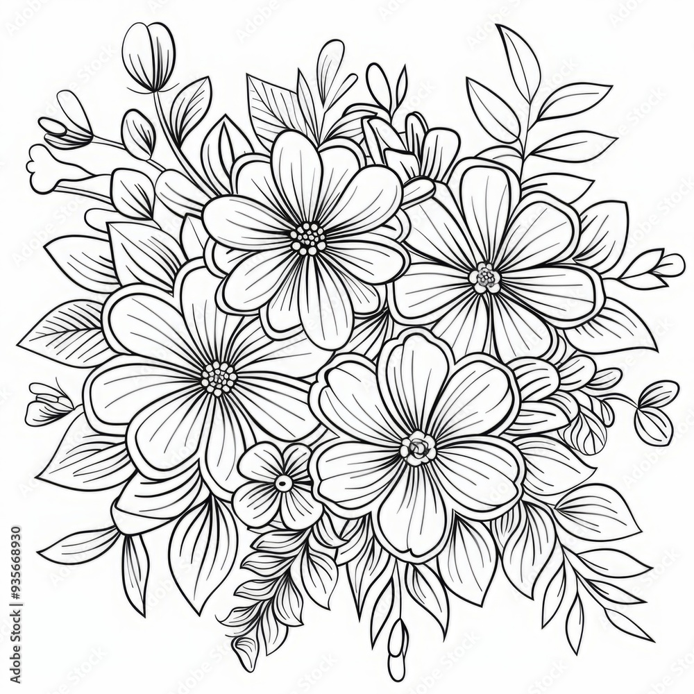 Hand-drawn bouquet of various flowers with detailed petals and leaves on a white background. Black and white floral illustration. Botanical line art for coloring book, design, and print. Generative AI Hand-drawn bouquet of various flowers with detailed petals and leaves on a white background. Black and white floral illustration. Botanical line art for coloring book, design, and print. Generative AI