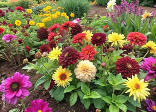 Vibrant annual flowers in shades of pink, yellow, orange, and red burst forth in a colorful blooming garden, surrounded by lush greenery and rich soil. photo