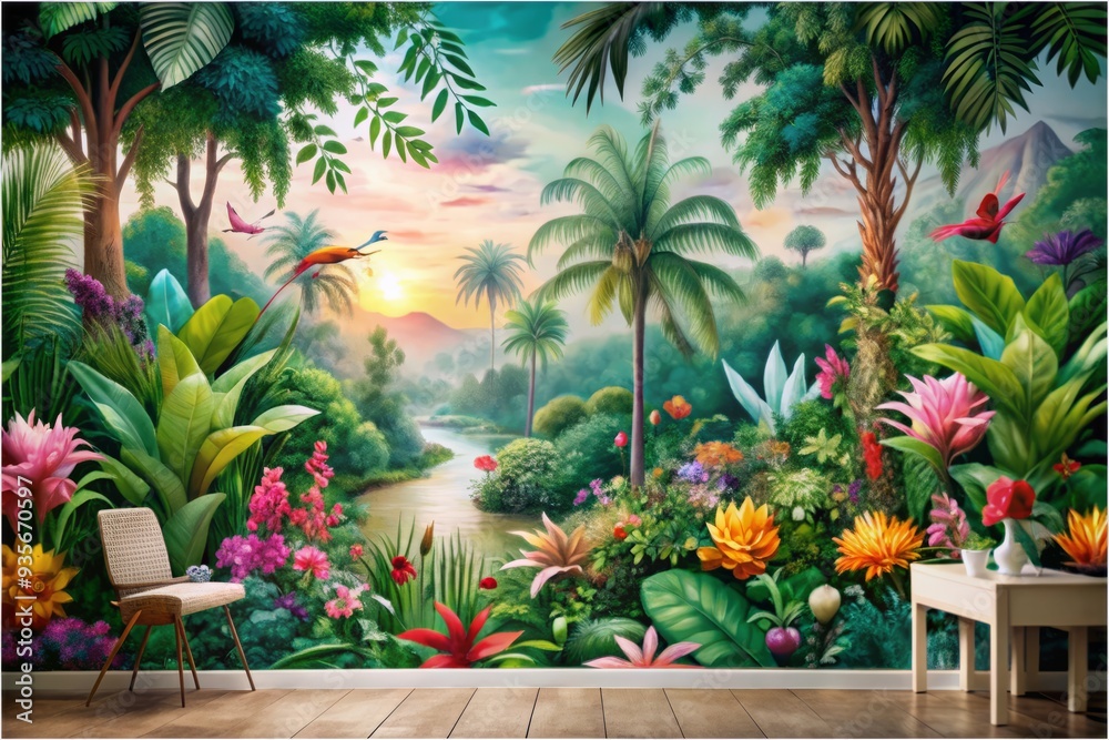 Vibrant watercolor wallpaper features a whimsical jungle landscape with lush greenery, exotic flowers, and majestic trees set against a soft, dreamy background. Vibrant watercolor wallpaper features a whimsical jungle landscape with lush greenery, exotic flowers, and majestic trees set against a soft, dreamy background.