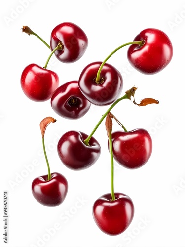 Cherry isolated. Falling sour cherries with leaves on white background