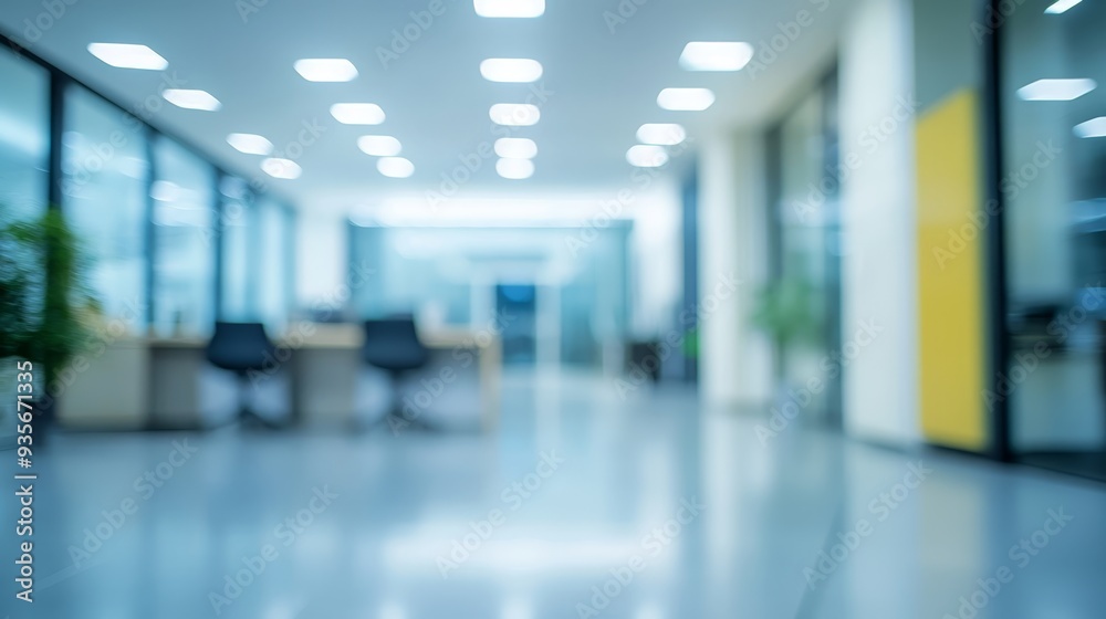 Modern office interior with blurred background showcasing the workspace during daytime Modern office interior with blurred background showcasing the workspace during daytime