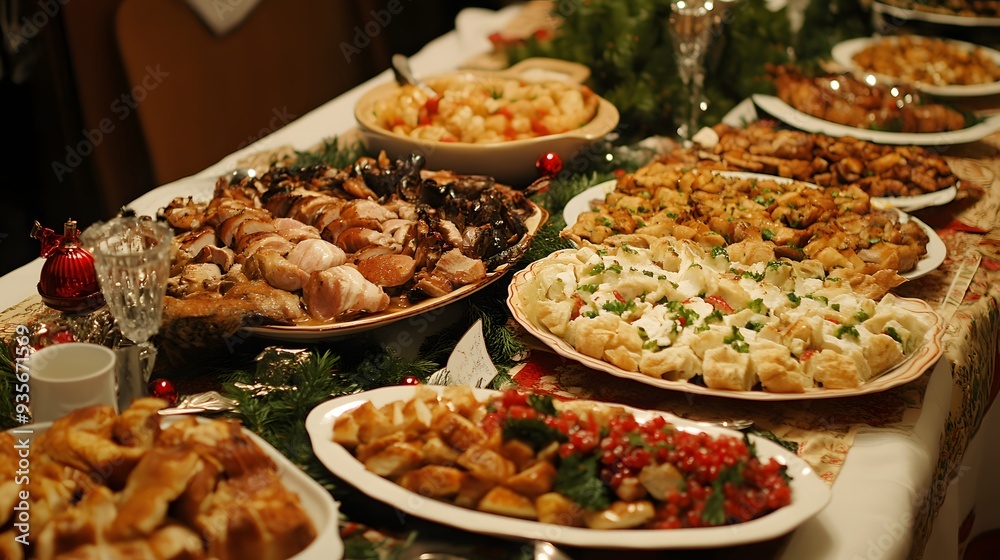 74. A traditional holiday feast with a variety of dishes and festive table settings 74. A traditional holiday feast with a variety of dishes and festive table settings