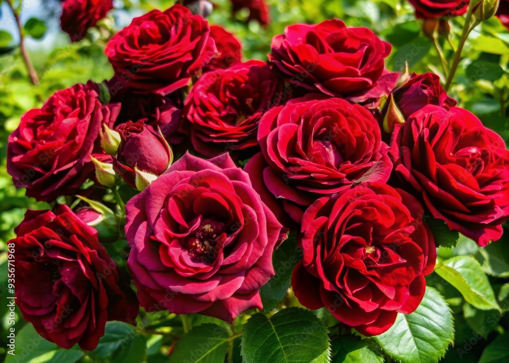 Vibrant red roses in full bloom form a stunning cluster, their delicate petals unfolding to create a breathtakingly beautiful symphony of rich, velvety color. Vibrant red roses in full bloom form a stunning cluster, their delicate petals unfolding to create a breathtakingly beautiful symphony of rich, velvety color.