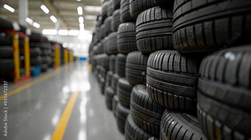 Rows of stacked tires in a clean, organized warehouse. Rows of stacked tires in a clean, organized warehouse.