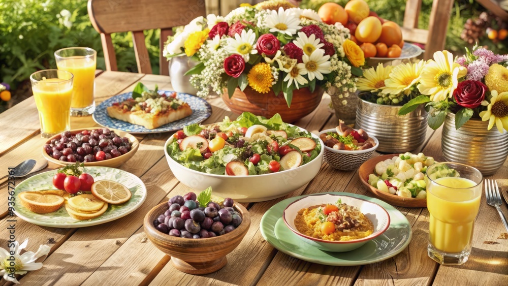 Vibrant garden table setting with variety of delicious salads, fruit, and drinks, adorned with flowers, ready for a joyful multi-generational family celebration. Vibrant garden table setting with variety of delicious salads, fruit, and drinks, adorned with flowers, ready for a joyful multi-generational family celebration.