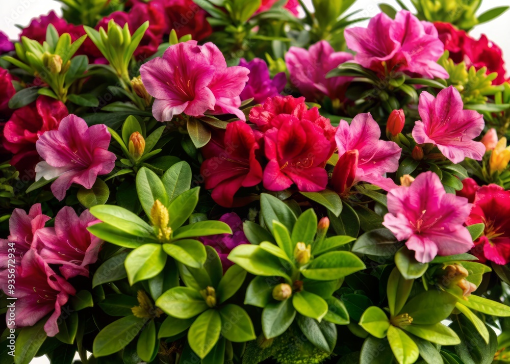 Vibrant pink and purple azaleas in full bloom, delicate petals and lush green leaves, isolated on a transparent background, perfect for floral designs and arrangements. Vibrant pink and purple azaleas in full bloom, delicate petals and lush green leaves, isolated on a transparent background, perfect for floral designs and arrangements.