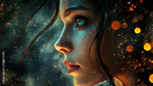 A close-up portrait of a young woman with a dreamy expression, her face illuminated by a soft, ethereal glow.