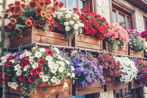 Vibrant petunias cascade down the balcony wall, surrounded by rustic wooden boxes overflowing with a kaleidoscope of roses in shades of red, purple, blue, and pink. photo