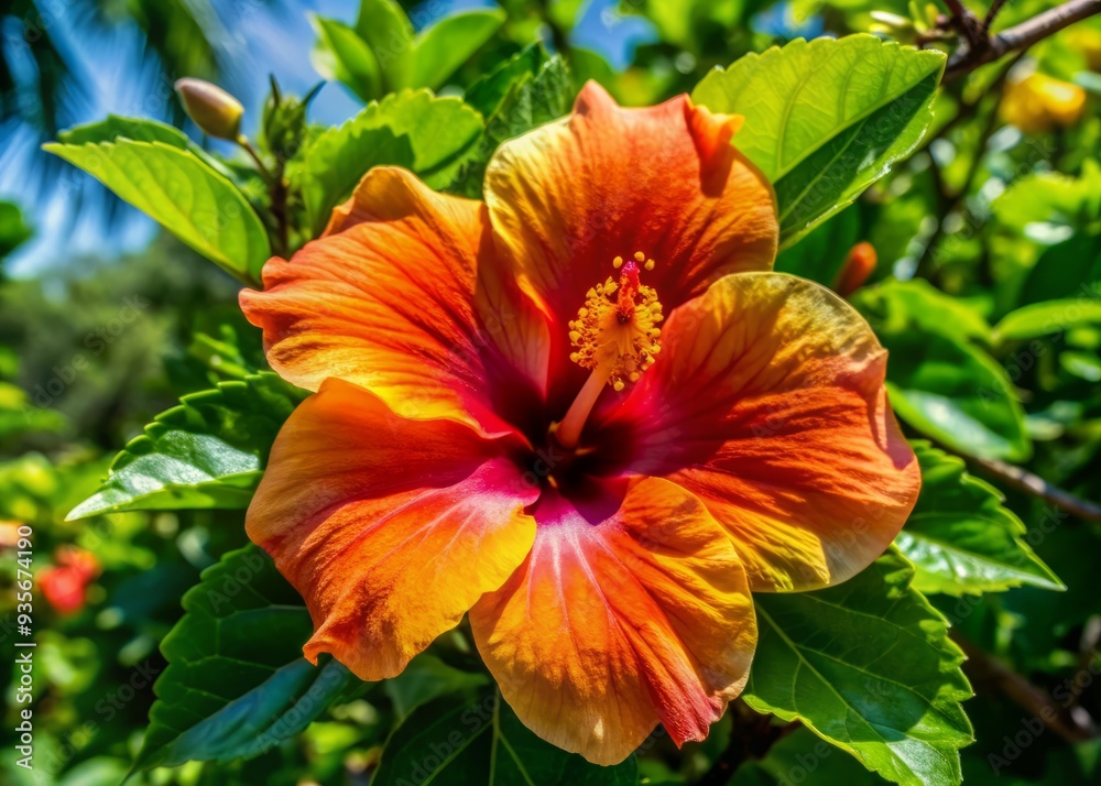 Vibrant orange hibiscus flower with delicate petals and prominent stamens blooms on a branch of a lush green tree in warm natural daylight ambiance. Vibrant orange hibiscus flower with delicate petals and prominent stamens blooms on a branch of a lush green tree in warm natural daylight ambiance.