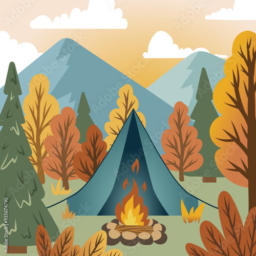 Camping in autumn forest. Autumn landscape in retro colors. Tent and fire on the background of yellow trees and mountains. Nature background. Flat style. Vector illustration